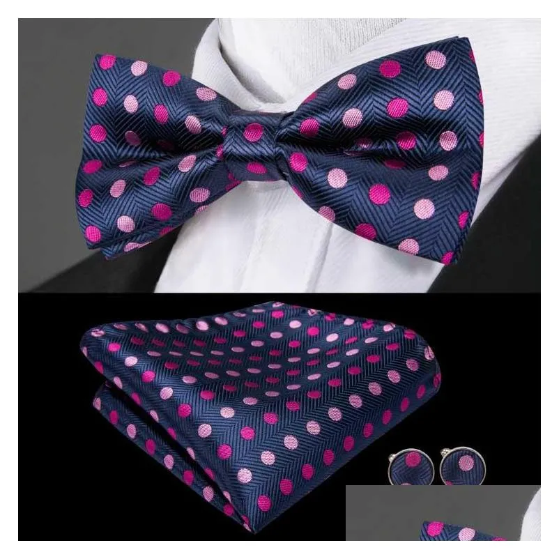 dark blue and pink dots jacquard woven silk bow tie handkerchief and cuffs standard wholesale men accessories