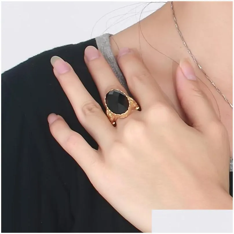 wedding rings large black stone bands for women gold color stainless steel engagement party ring gift r331gwedding