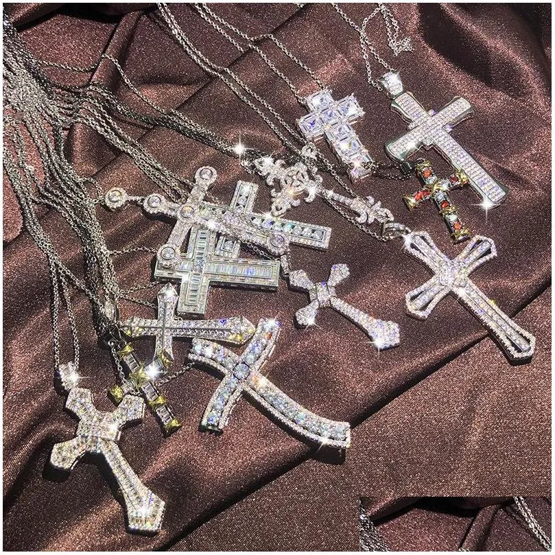 fashion mens luxury cross necklace hip hop jewelry silver white diamond gemstones iced out pendant women necklaces