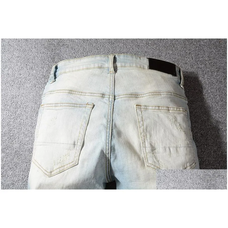 mens jeans retro light blue ripped jeans pink stitching slim pencil pants