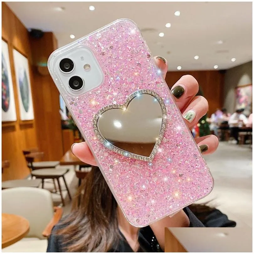 glitter ladies phone cases with makeup mirror for iphone 14 pro max 13 12 11 xs xr 8 7 luxruy rhinestone sequins cover shockproof anti