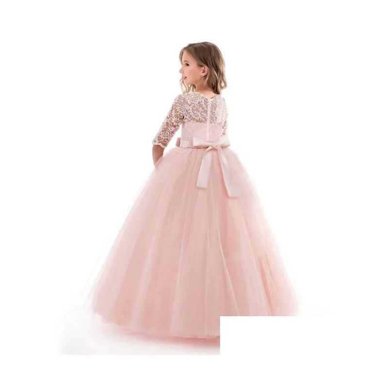 2019 new teenage girl princess lace solid dress kids flower embroidery dresses for girls children prom party wear red ball gown by246n