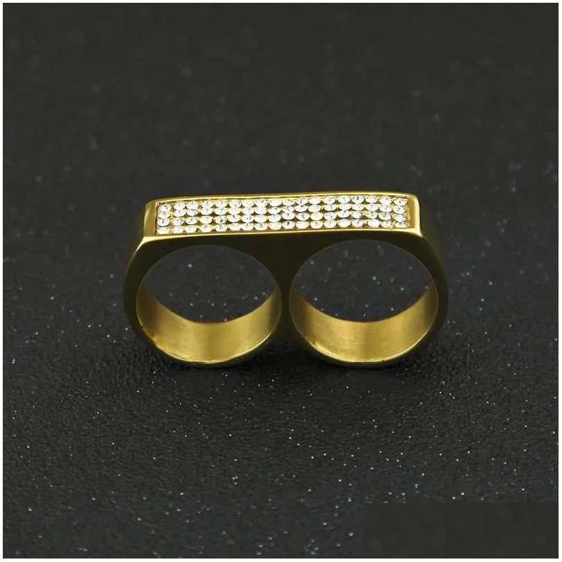 mens double finger ring fashion hip hop jewelry high quality iced out stainless steel gold rings