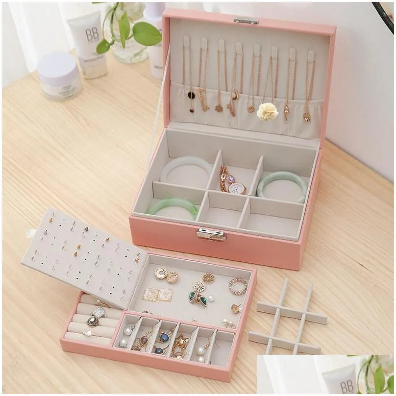 jewelry box necklace ring storage organizer double layers large capacity pu leathers jewelry display case with removable tray for women
