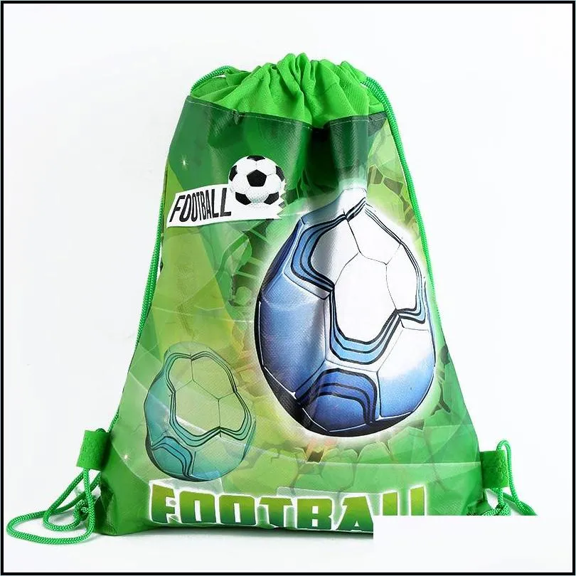 12pcs/lot football theme backpack happy birthday party nonwoven fabrics soccer ball drawstring gifts bag baby shower mochila 220427