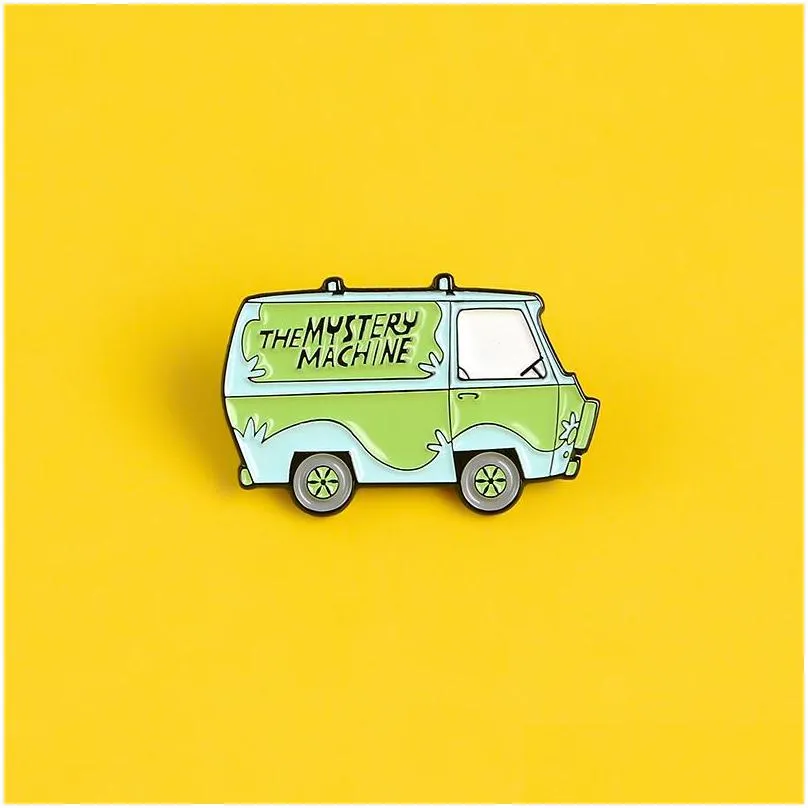 magical green car enamel pins the mystery machine badges brooches for women backpack bag pin cartoon cute jewelry gifts 2461 t2