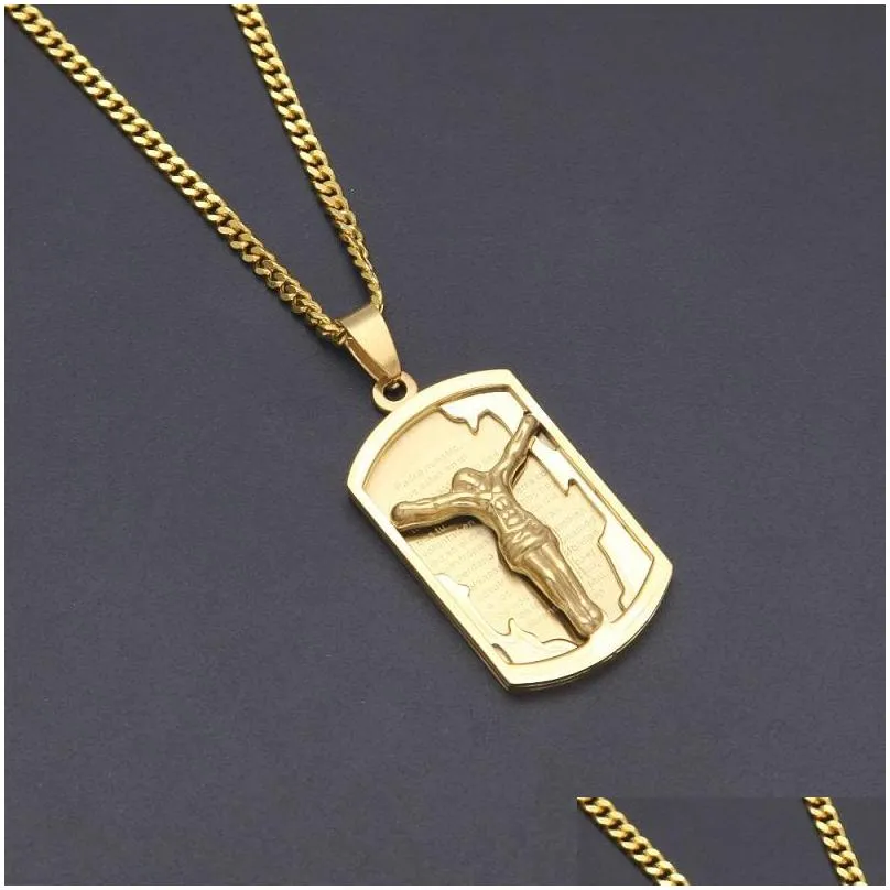 mens hip hop neclace jewelry stainless steel jesus pendant necklace fashion gold dog tag necklaces