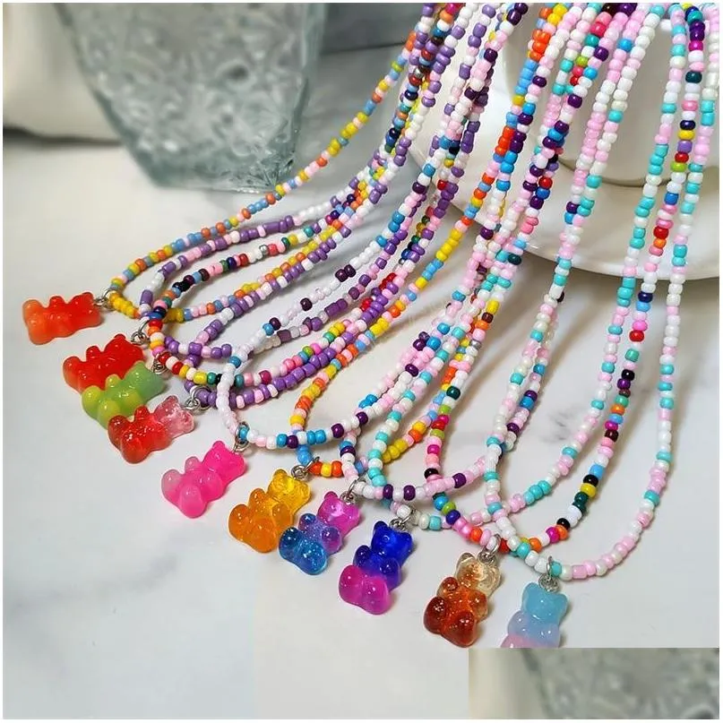 bohemian colorful round bead necklace for women cute gradient rainbow resin bear pendant necklace fashion jewelry girl gifts