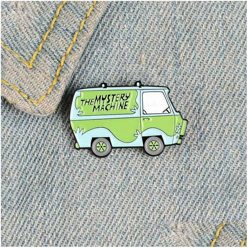 magical green car enamel pins the mystery machine badges brooches for women backpack bag pin cartoon cute jewelry gifts 2461 t2