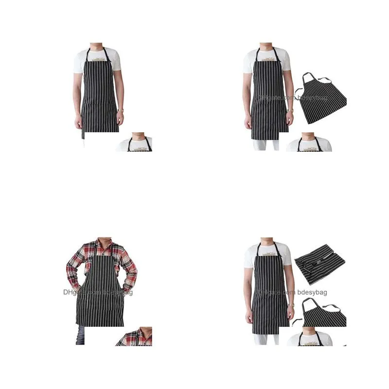 new adjustable adult black stripe bib apron with 2 pockets chef waiter kitchen cook sleeveless apron