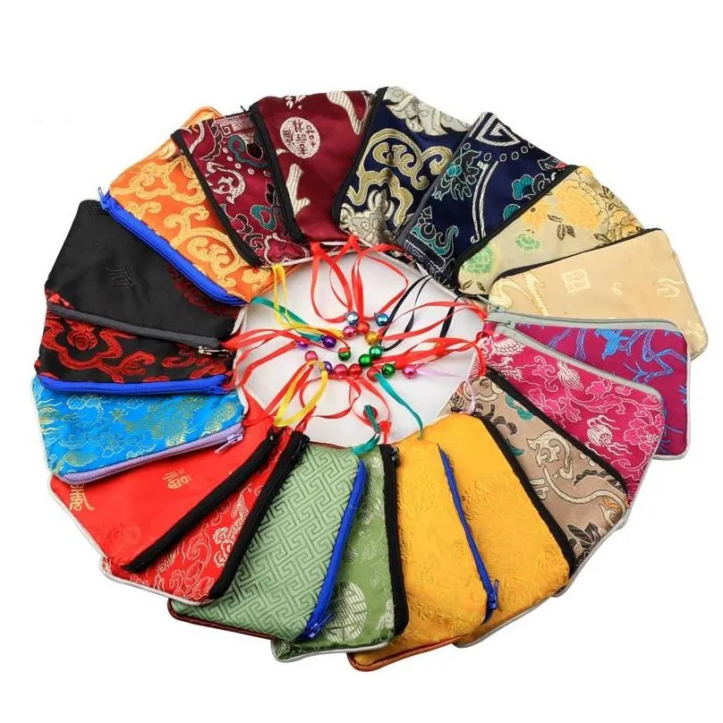 bell small zip jewelry gift bags coin purse card holder wholesale storage pack silk brocade cloth packaging pouch with lined 50pcs/lot