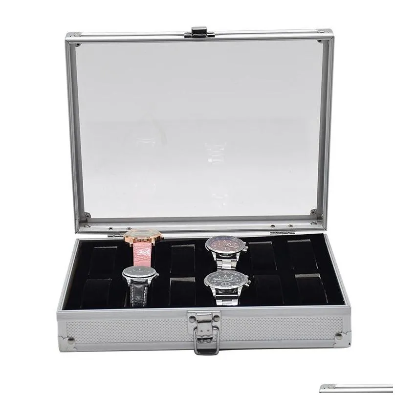 wholesaleprofessional 12 grid slots jewelry watches display storage square box case aluminium suede inside container 