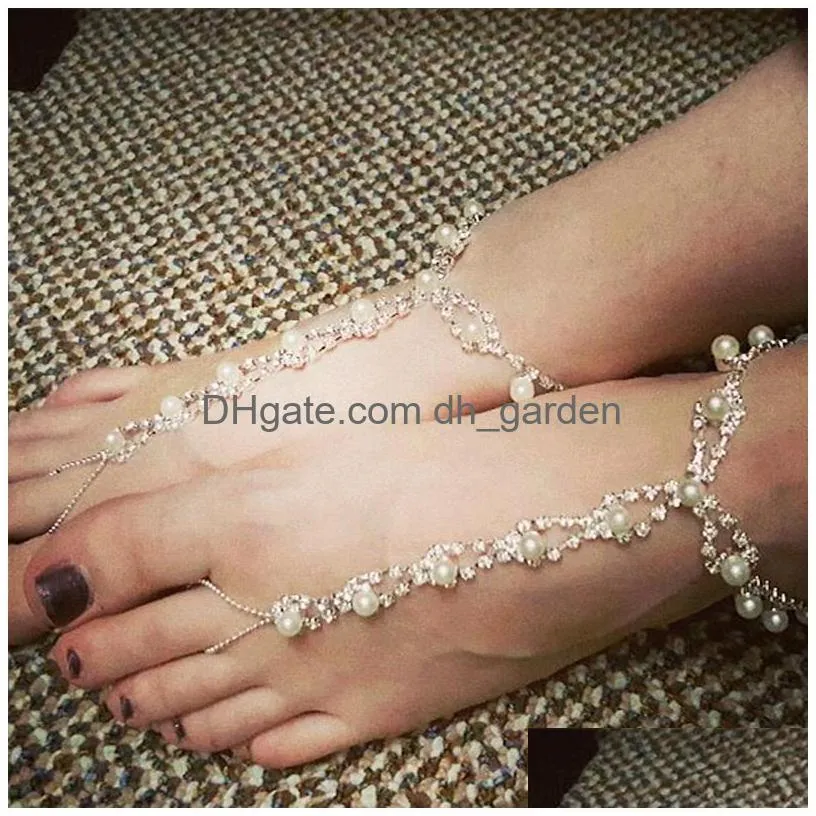 stock bargain price y rhinestone beach wedding pearl barefoot sandals silver plated bridal foot bracelet bridesmaid flower girl good