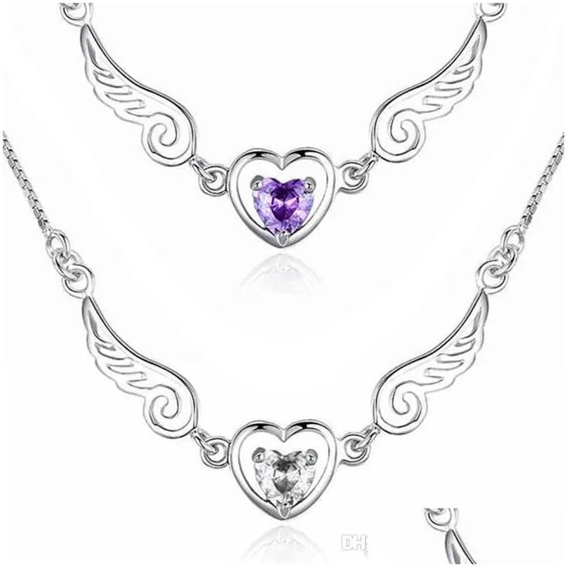 925 sterling silver pendant necklace angel wings necklace female purple zircon pendant love heart shaped short necklace