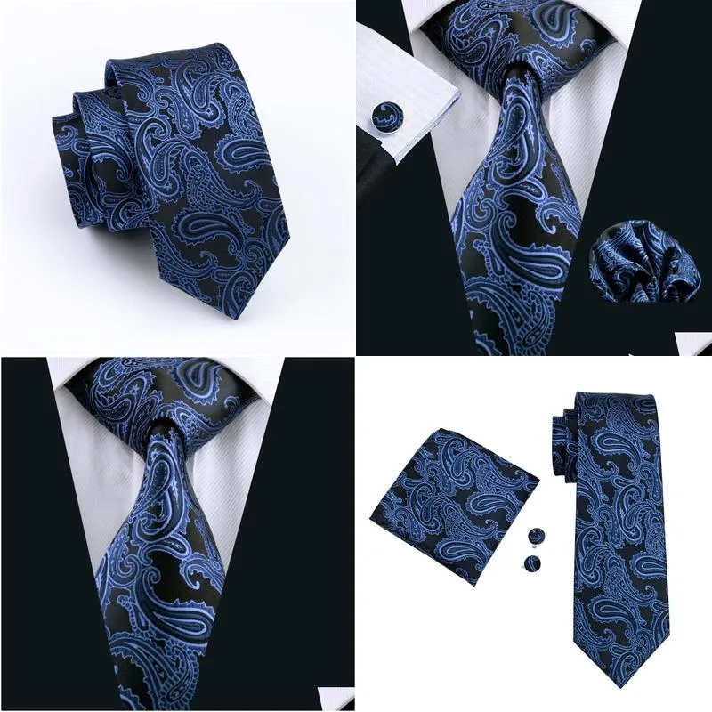 mens tie blue paisely silk hanky cufflinks set jacquard woven silk mens tie set business work formal meeting leisure