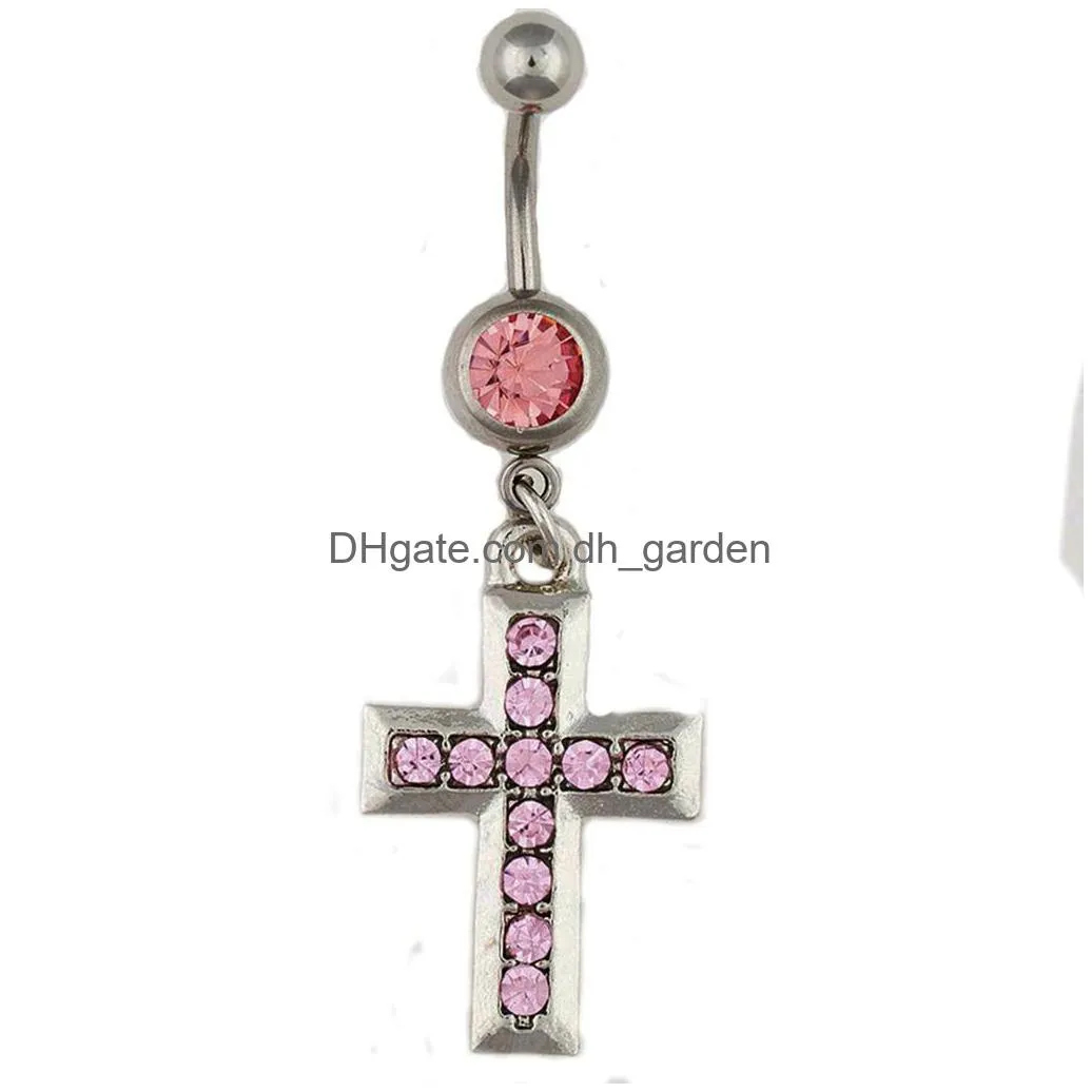 d0538 cross pink color belly navel button ring