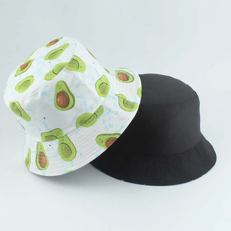 Wide Brim Hats 2021 New Funny Cartoon Bucket Hat Reversible Fisherman Hat Unisex Streetwear Hip Hop Flat Cap Fruit Print Fishing Bob Hat P230311