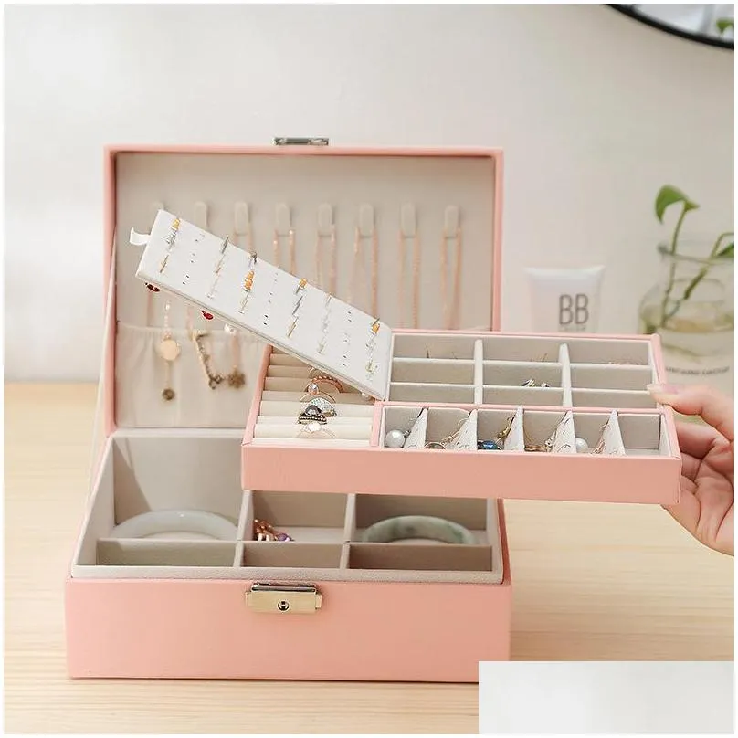 jewelry box necklace ring storage organizer double layers large capacity pu leathers jewelry display case with removable tray for women