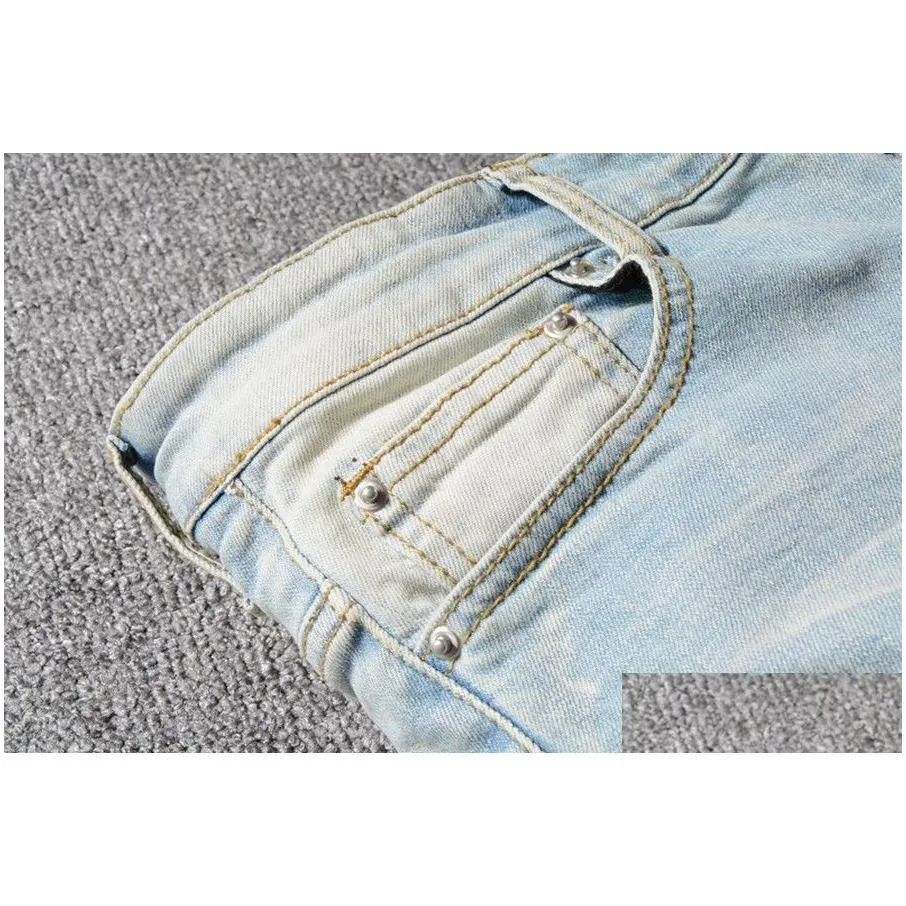 mens jeans retro light blue ripped jeans pink stitching slim pencil pants