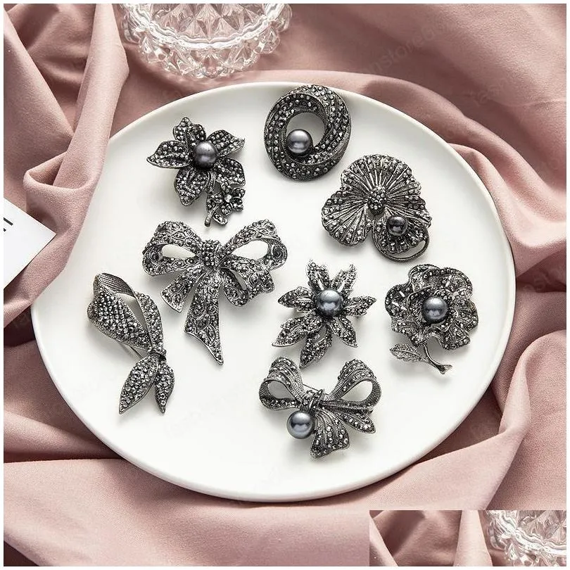 women pearl crystal button pins large bowknot brooch pin rhinestone flower brooches charm jewelry