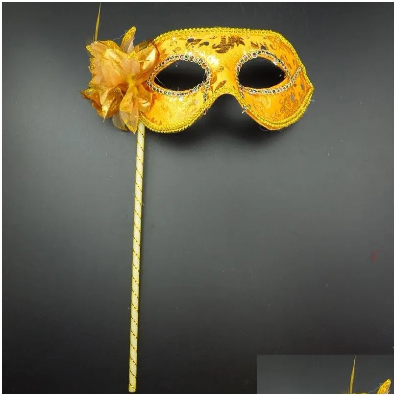 party masks gold cloth coated flower side venetian masquerade party mask on stick carnival halloween mask mix color