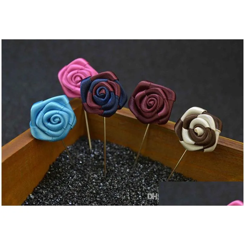 fashion flower brooch lapel pins handmade boutonniere stick with fabric flowers for gentleman suit wear men accessories