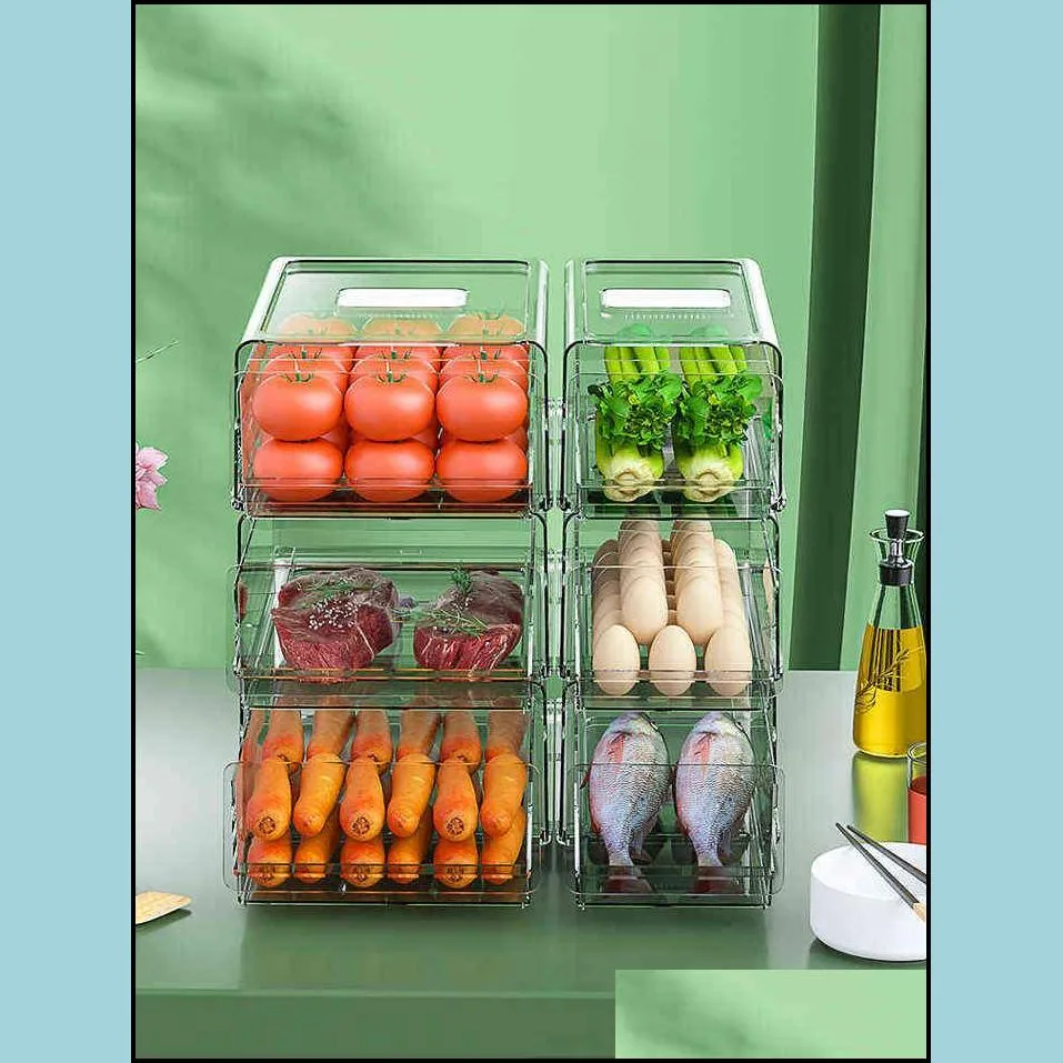 drawer refrigerator storage box stackable fridge organizer for kitchen pantry cabinet fruit vegatable zer bins 211102