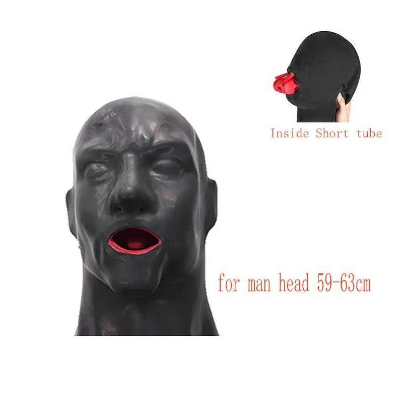 3d latex hood rubber mask closed eyes fetish with red mouth gag plug sheath tongue nose tube long and short for men 220715