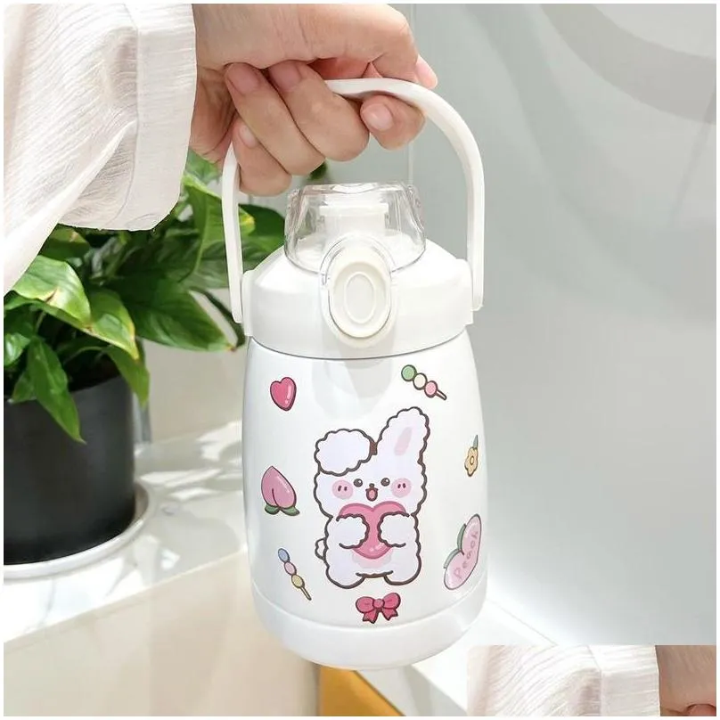 water bottle 1000ml kawaii pastel sticker thermos bottle with straw stainless steel insulated school hot for children girl gift