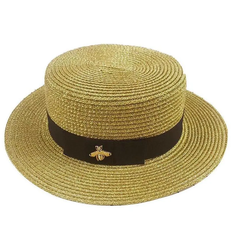 women wide brim hat gold bee straw cap womens fashion flat top woven caps girl bucket hat summer sun hats vintage visor213x