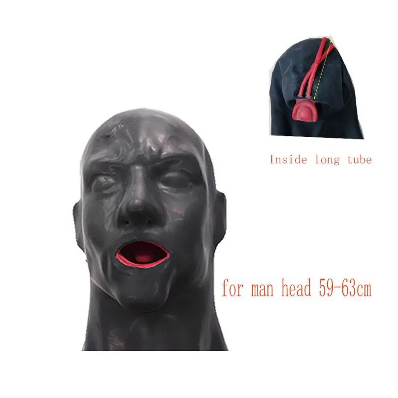 3d latex hood rubber mask closed eyes fetish with red mouth gag plug sheath tongue nose tube long and short for men 220715