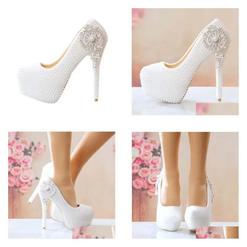2022 white pearls wedding shoes thick kitten high heel shoes white lace pumps princess party birthday heels