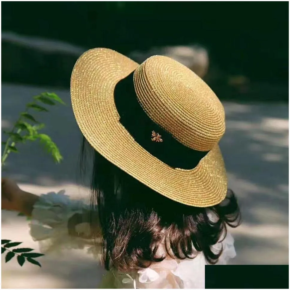 women wide brim hat gold bee straw cap womens fashion flat top woven caps girl bucket hat summer sun hats vintage visor213x