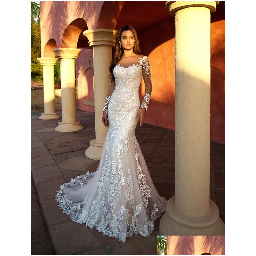 sheer long sleeves lace mermaid wedding dresses scoop neck tulle applique sweep train wedding bridal gowns robes de mariee with