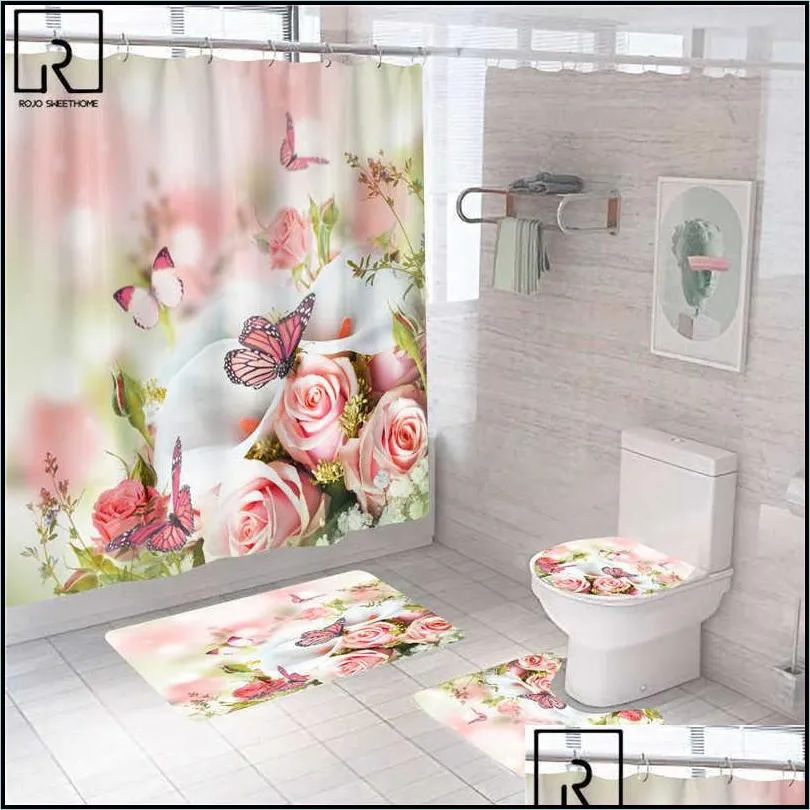 blue red pink rose print shower curtain with hooks bathroom mat set antislip soft bath carpet lover valentines home decoration