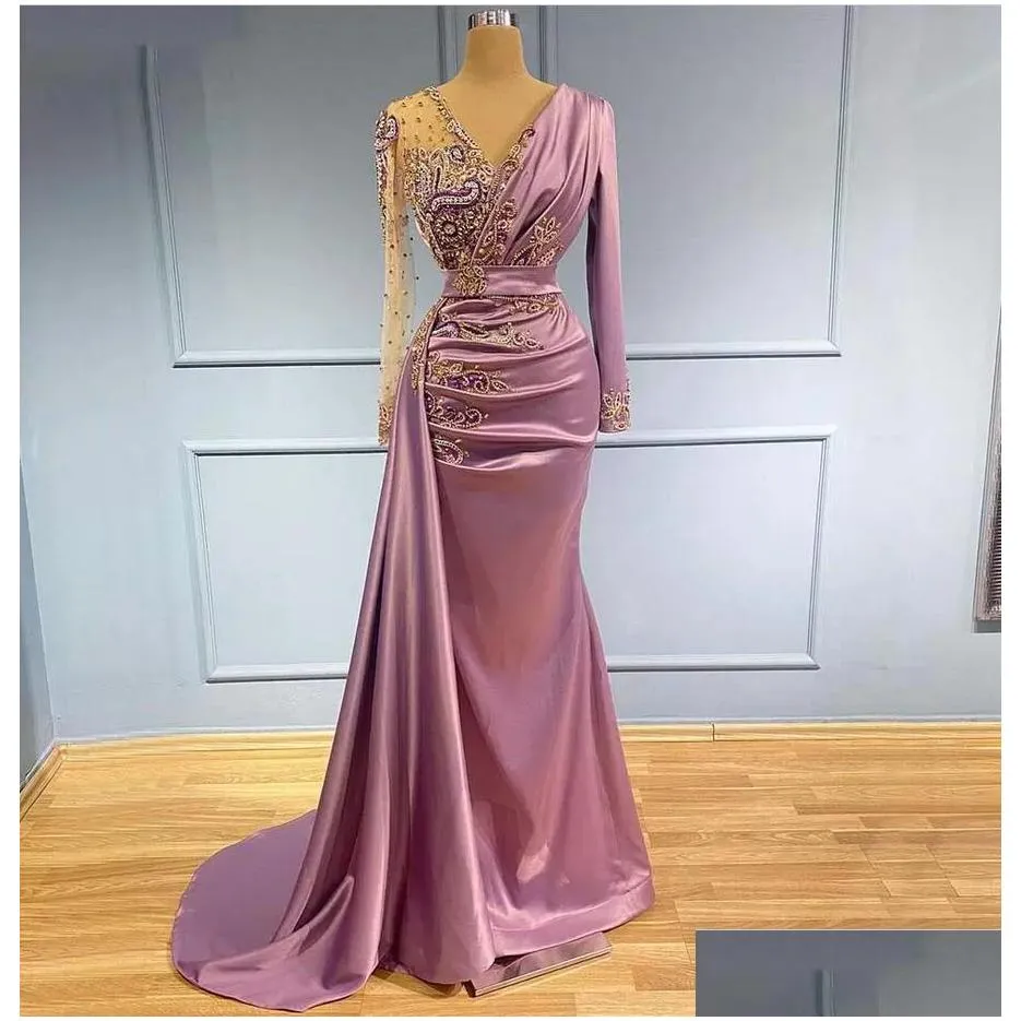 light purple mermaid evening dresses sheer v neck appliqued beaded ruched long sleeves formal prom party second reception special occasion