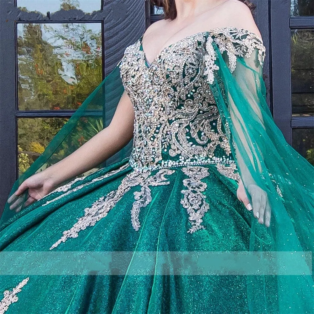 Hunter Green Off The Shoulder Quinceanera Dresses 2023 Appliques Birthday Party Gowns With Cape Pageant Graduation Sweet 16 Princess