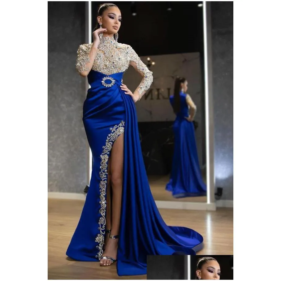 vintage high neck evening dresses luxury beaded crystals illusion bodice long sleeves split formal party occasion prom gowns arbaic dubai dress