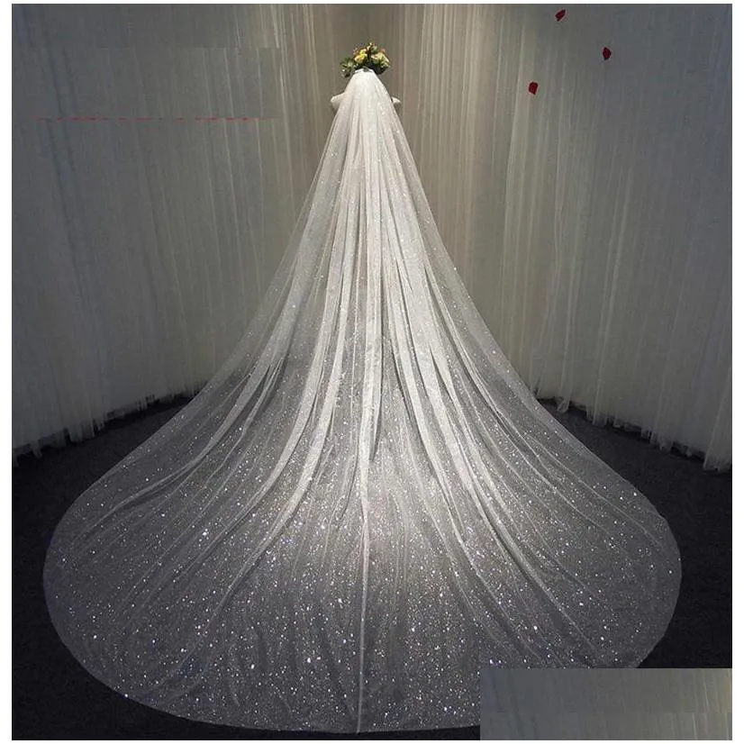 bridal veils veil long sparkly bling white champagne cathedral shiny wedding with comb 3.5meters one layer velo de noviabridal