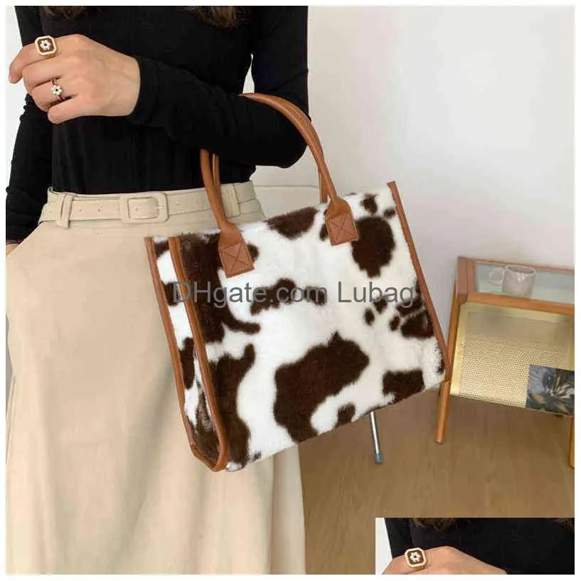 evening bags xiuya cute cow pattern fur womens tote bag big capacity shoulder bag for women cheap leopard handbags t220922