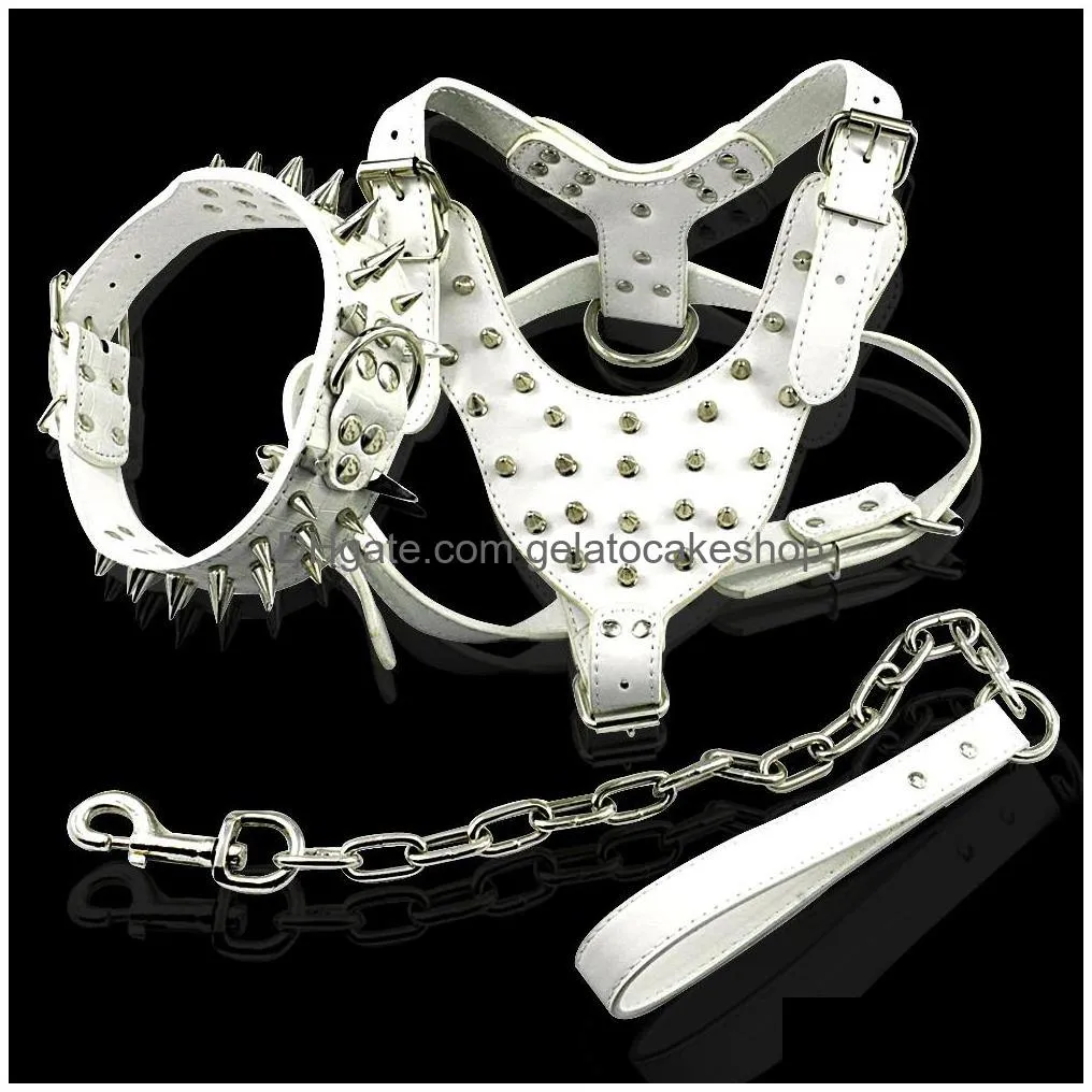 spiked studded leather dog pet collar harness leash 3pcs set walking pitbull boxer for medium large dogs