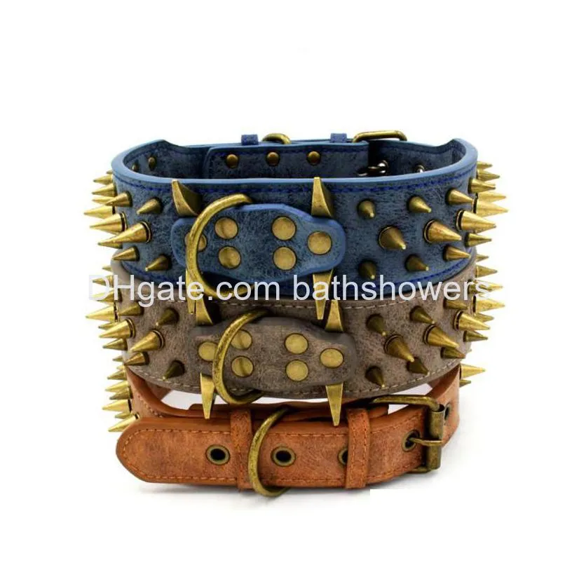 luxury designer retro antibite bronze spiked rivet dog collars adjustable pu leather 3 colors 2 sizes for big dogs l sharp brown