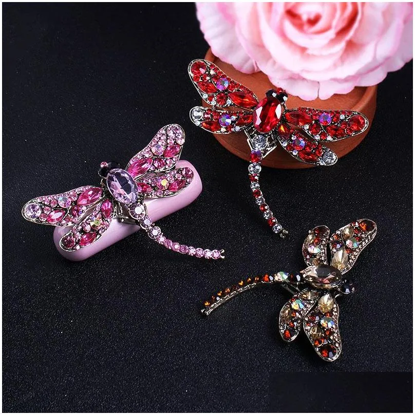 jewelry brand arrival assorted colors large crystal dragonfly insect brooch pins fashion dress coat accessories jewelry