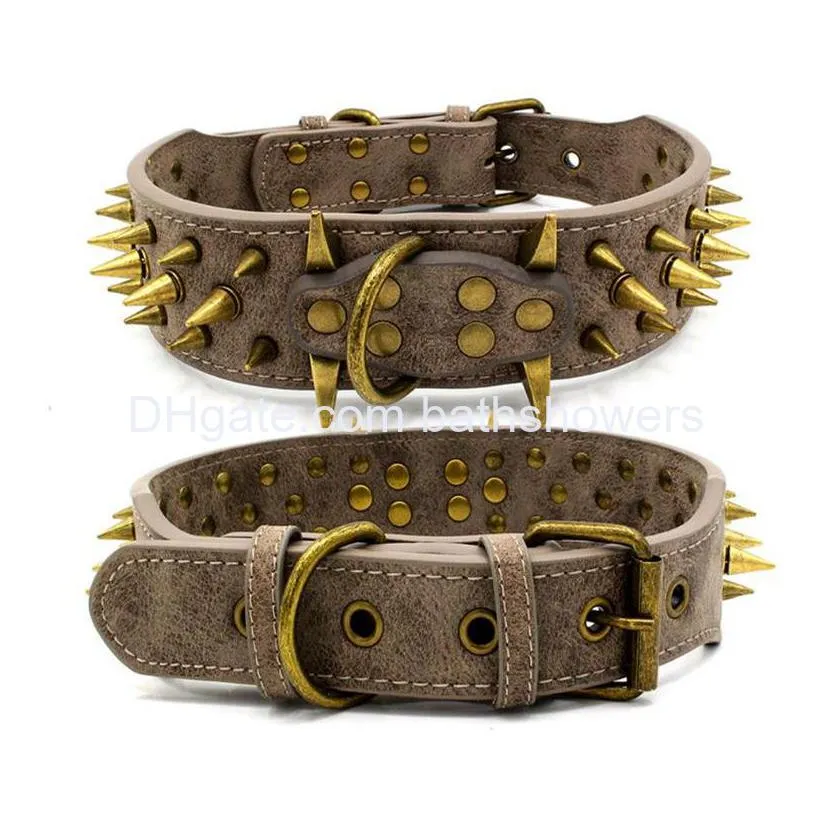 luxury designer retro antibite bronze spiked rivet dog collars adjustable pu leather 3 colors 2 sizes for big dogs l sharp brown