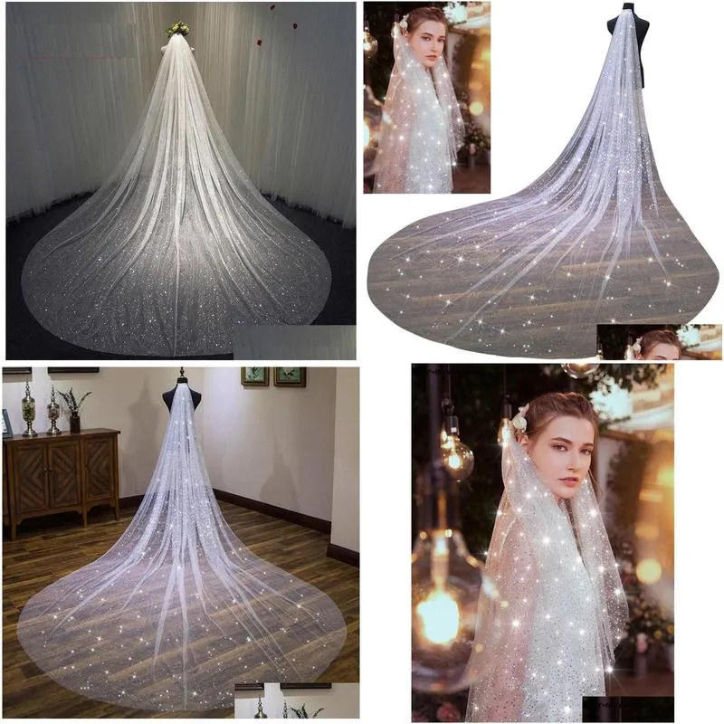 bridal veils veil long sparkly bling white champagne cathedral shiny wedding with comb 3.5meters one layer velo de noviabridal