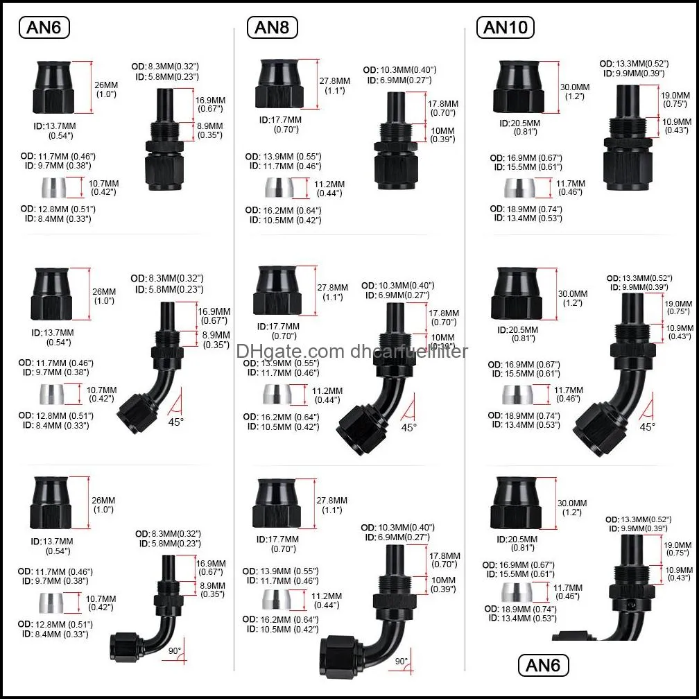 1 piece ptef an6 8 10 straight 45 90 degree reusable swivel hose end fitting for stainless steel braided hose black red blue