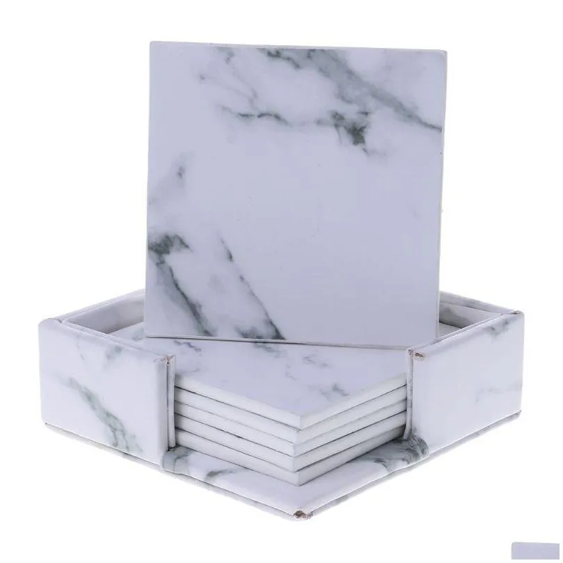 mats pads 6pcs/set marble leather round square drink coasters placemat cup mat pad holder kitchen tableware drop