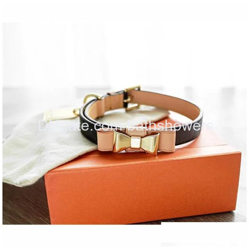 designer dog collars with bow luxury leather dog collar and leash set classic letters pet leashes for small dogs chihuahua poodle wholesale