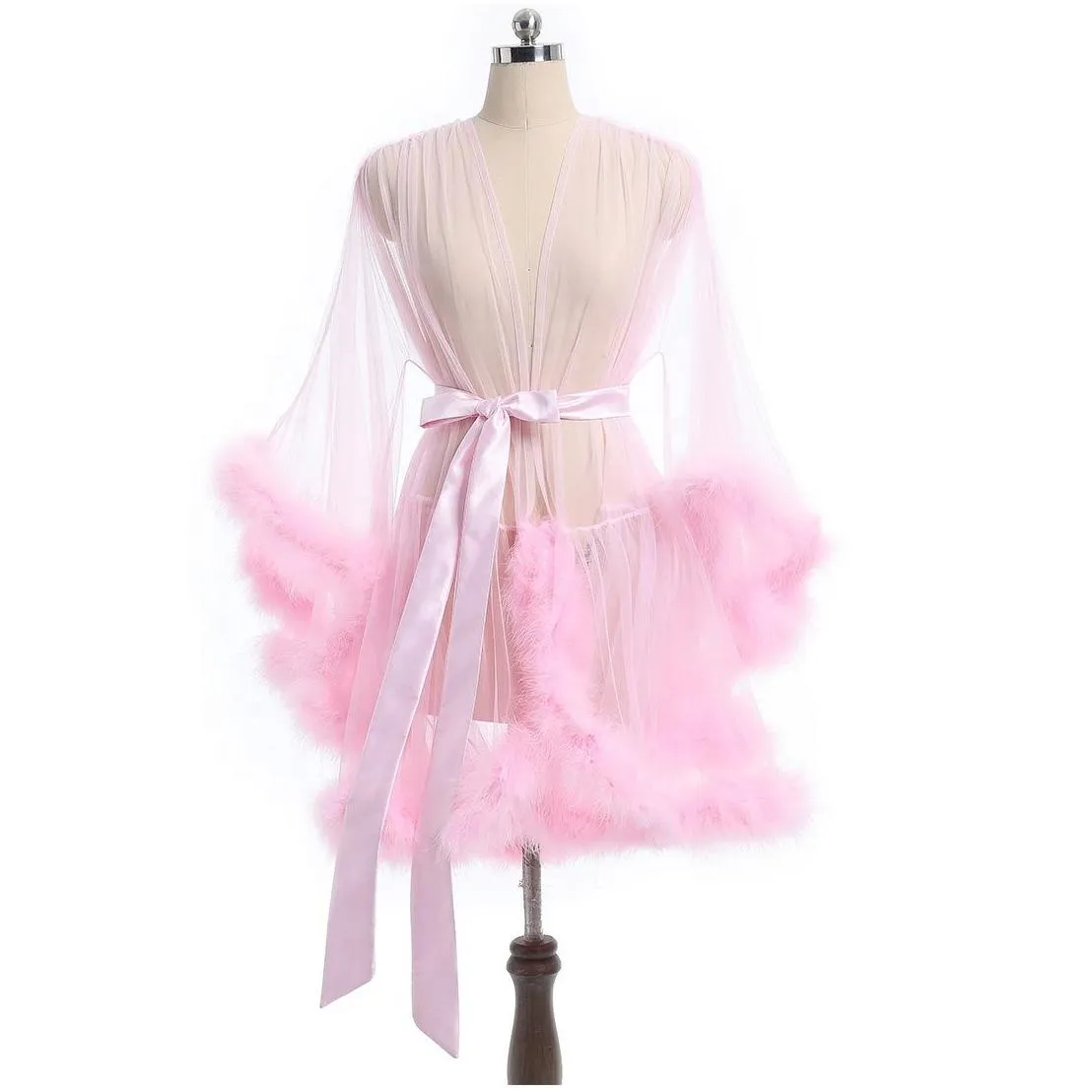 sleepwear short feather robe dressing gown bridal boudoir sheer robe tulle illusion birthday costume
