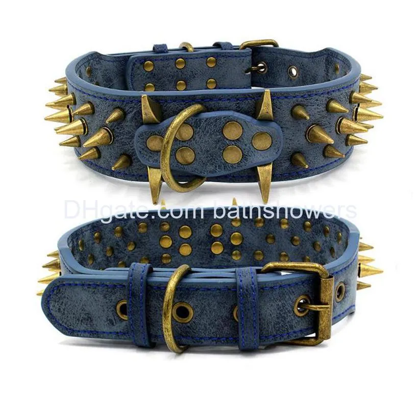 luxury designer retro antibite bronze spiked rivet dog collars adjustable pu leather 3 colors 2 sizes for big dogs l sharp brown